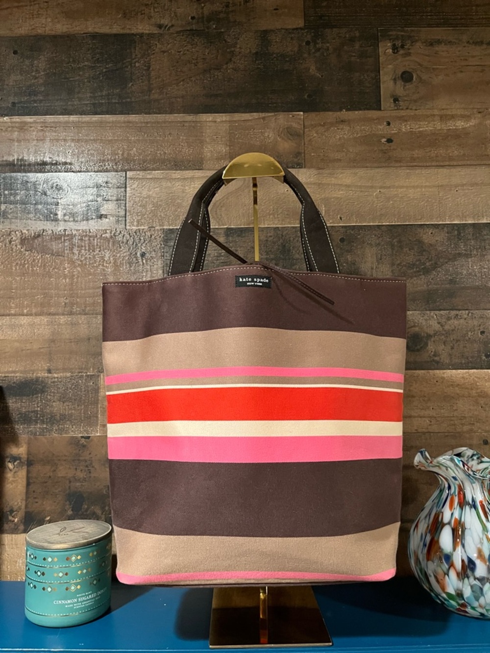 Kate Spade New York Striped Tote Bag Pink Orange Tan Brown Cruise Beach